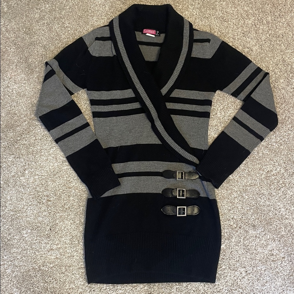 Black and Gray Striped Sweater Dress
